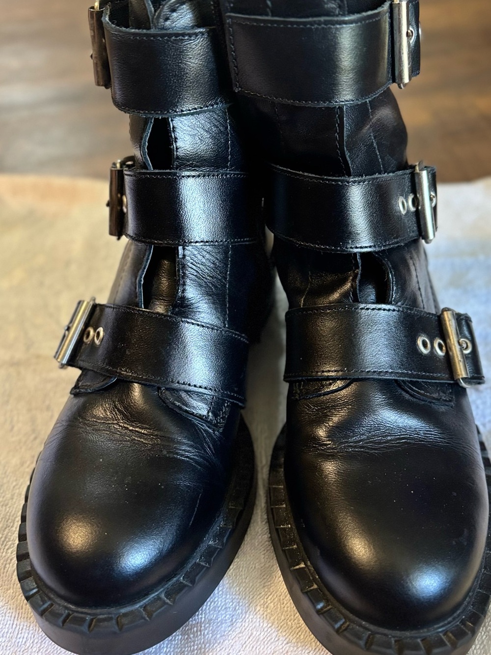 Steve Madden Black Buckle Strap Leather Combat Boots